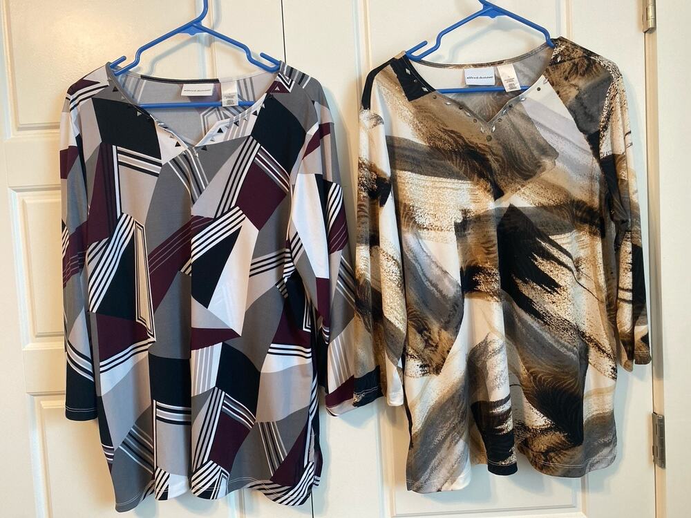 Lot 2 Alfred Dunner V-Neck 3/4 Sleeve Top T-Shirt L Geometric Brown Purple Flaw